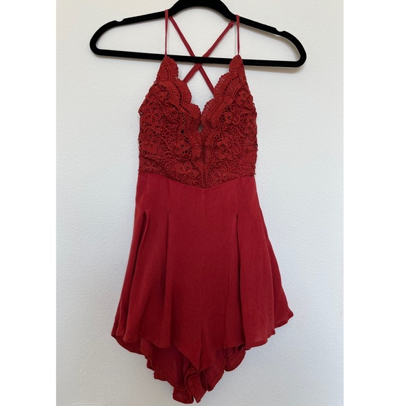 Star Spangled Rust Red Backless Lace Romper - Picture 3 of 8